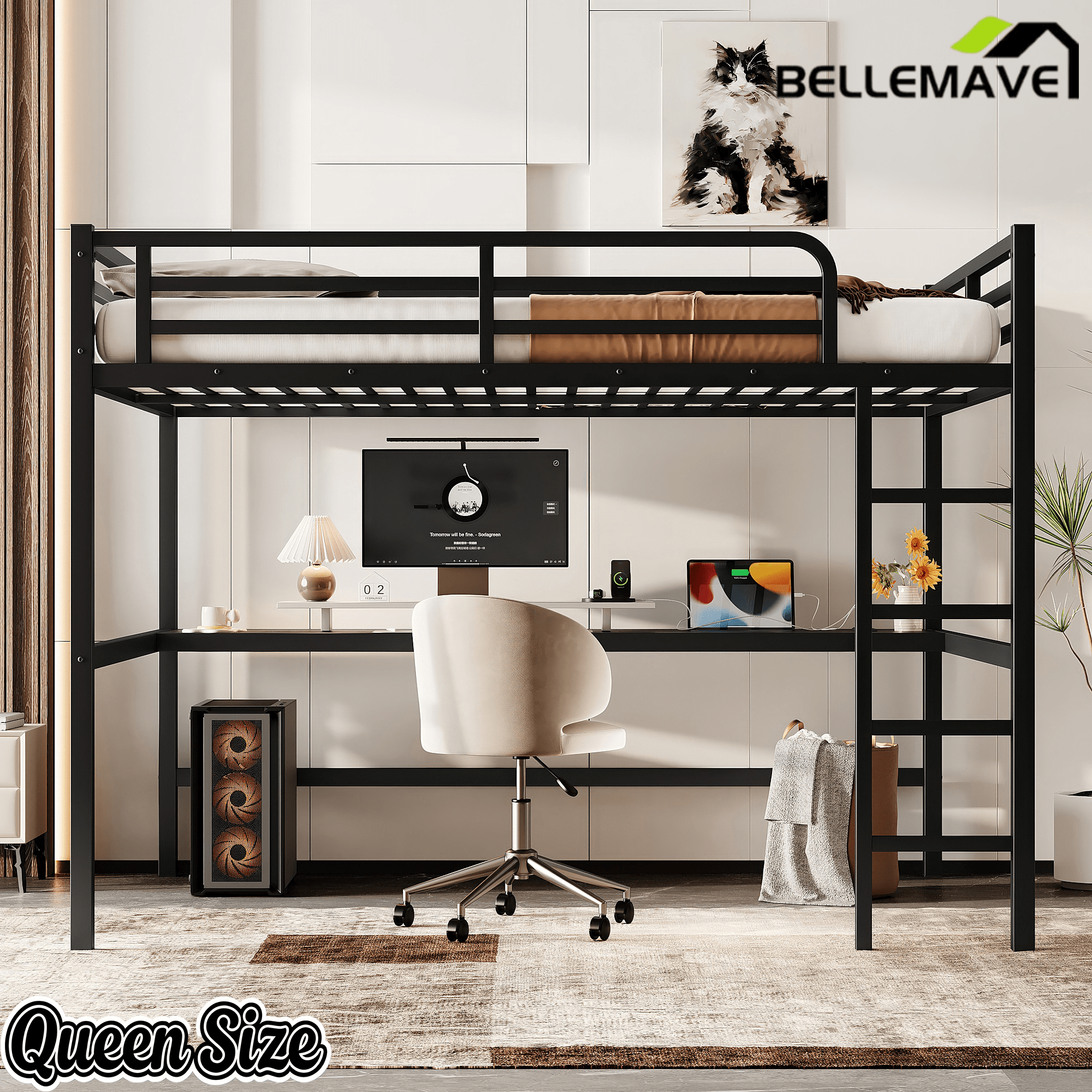 Bellemave® Metal Queen Size Loft Bed with Desk and Charging Station,Heavy Duty Loft Bed Frame Queen Size with LED Lights and USB ,Black Desk - Bellemave