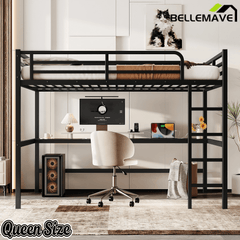 Bellemave® Metal Queen Size Loft Bed with Desk and Charging Station,Heavy Duty Loft Bed Frame Queen Size with LED Lights and USB ,Black Desk - Bellemave