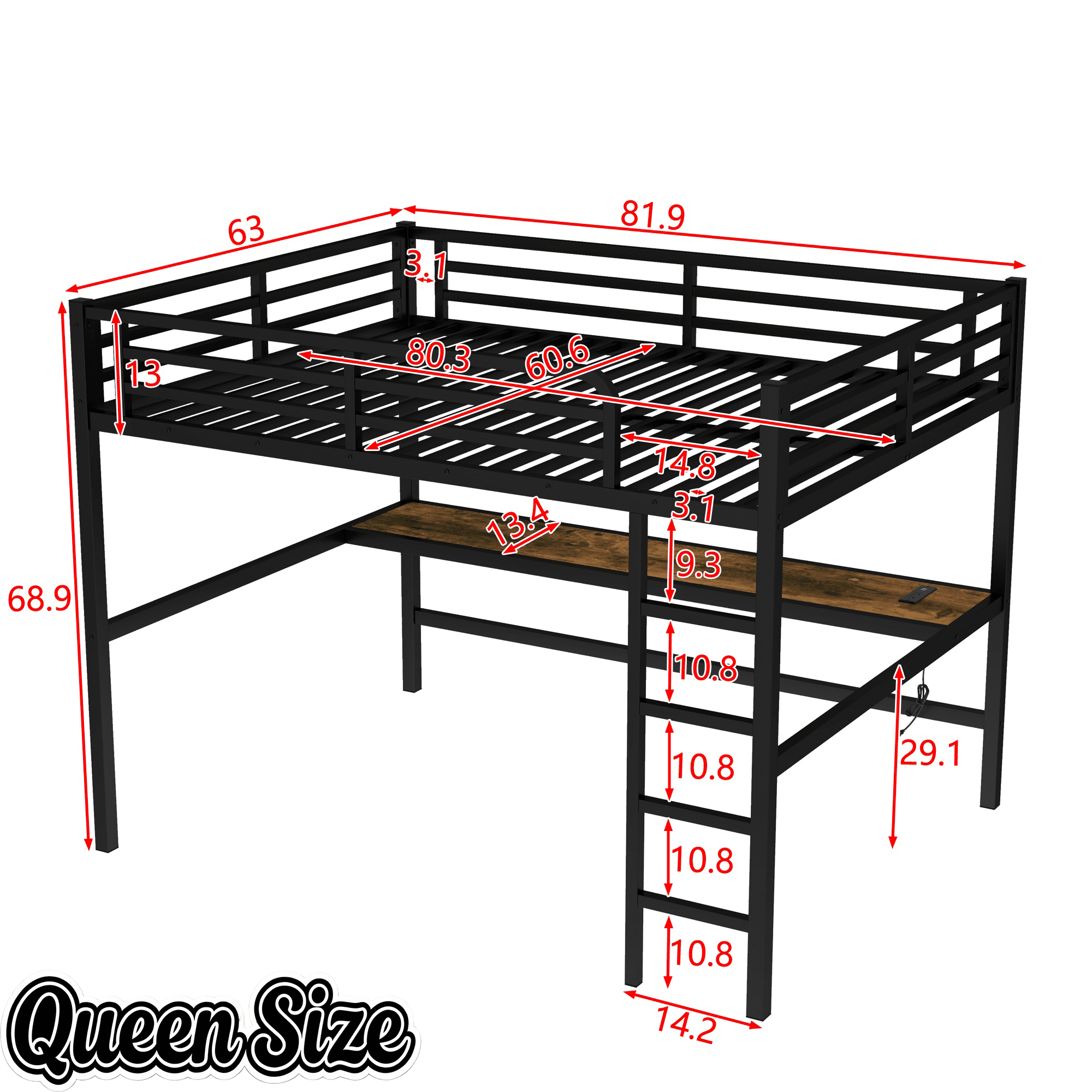 Bellemave® Metal Queen Size Loft Bed with Desk and Charging Station,Heavy Duty Loft Bed Frame Queen Size with LED Lights and USB ,Black Desk - Bellemave