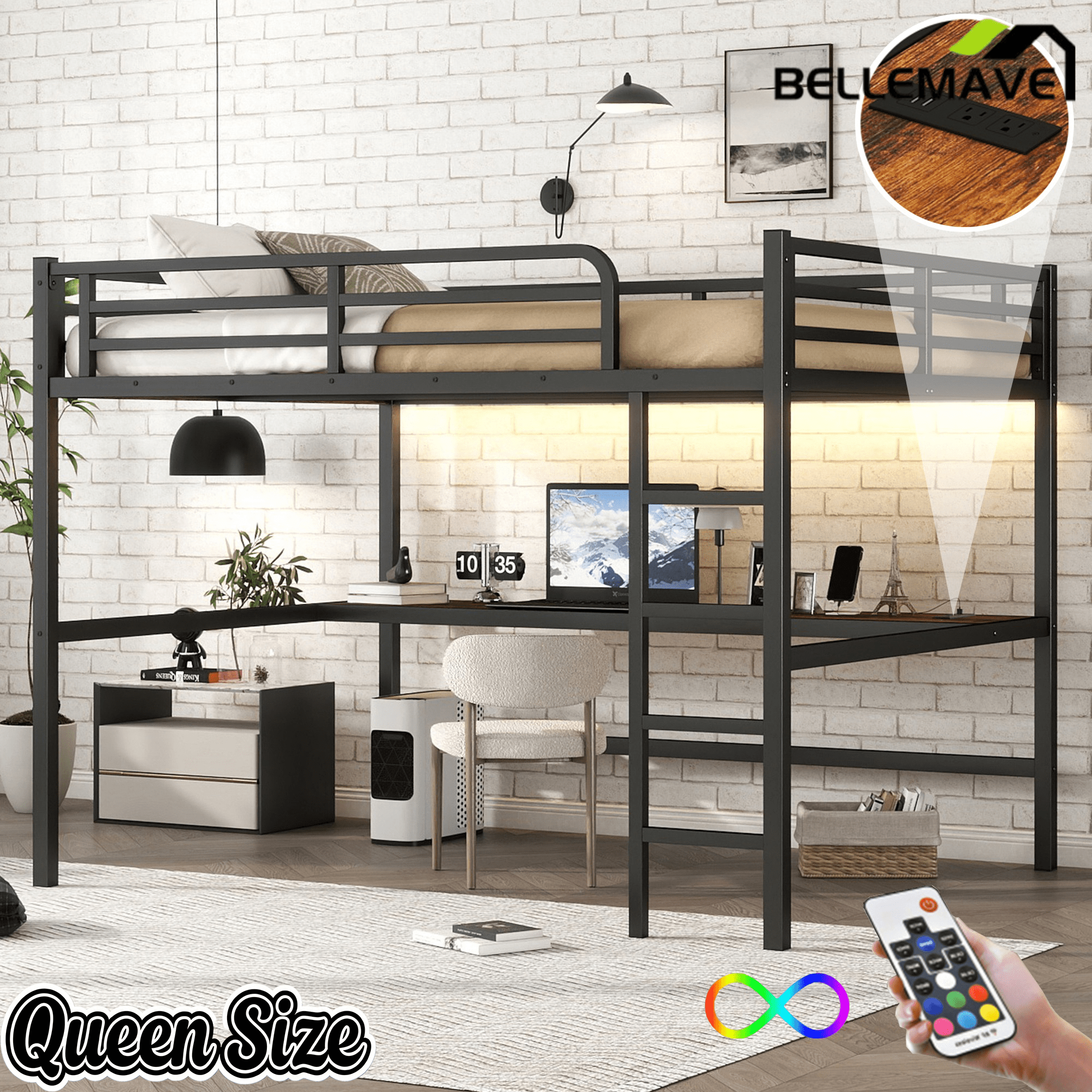 Bellemave® Metal Queen Size Loft Bed with Desk and Charging Station,Heavy Duty Loft Bed Frame Queen Size with LED Lights and USB ,Black Desk - Bellemave