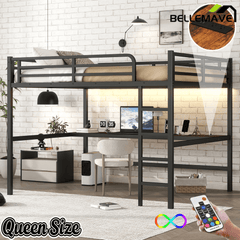 Bellemave® Metal Queen Size Loft Bed with Desk and Charging Station,Heavy Duty Loft Bed Frame Queen Size with LED Lights and USB ,Black Desk - Bellemave
