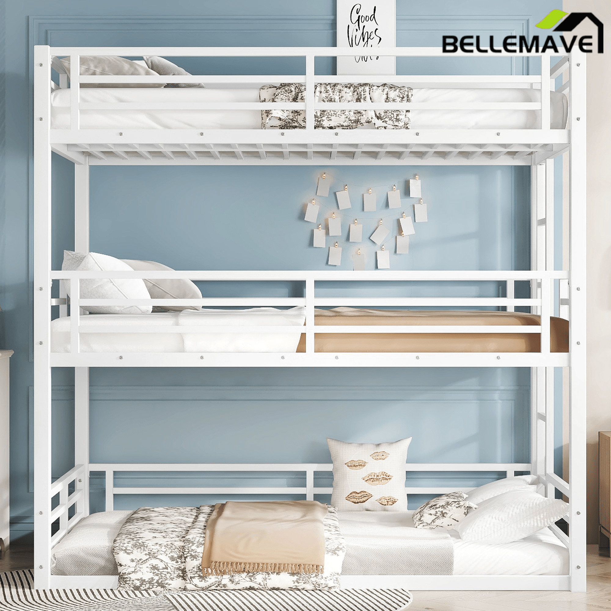 Bellemave® Metal Triple Bunk Bed with Full - Length Guardrails, Twin Over Twin Over Twin Bunk Bed for 3, Noise - Reduced & Multifunctional, Metal Black - Bellemave