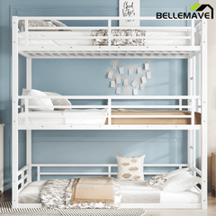 Bellemave® Metal Triple Bunk Bed with Full - Length Guardrails, Twin Over Twin Over Twin Bunk Bed for 3, Noise - Reduced & Multifunctional, Metal Black - Bellemave