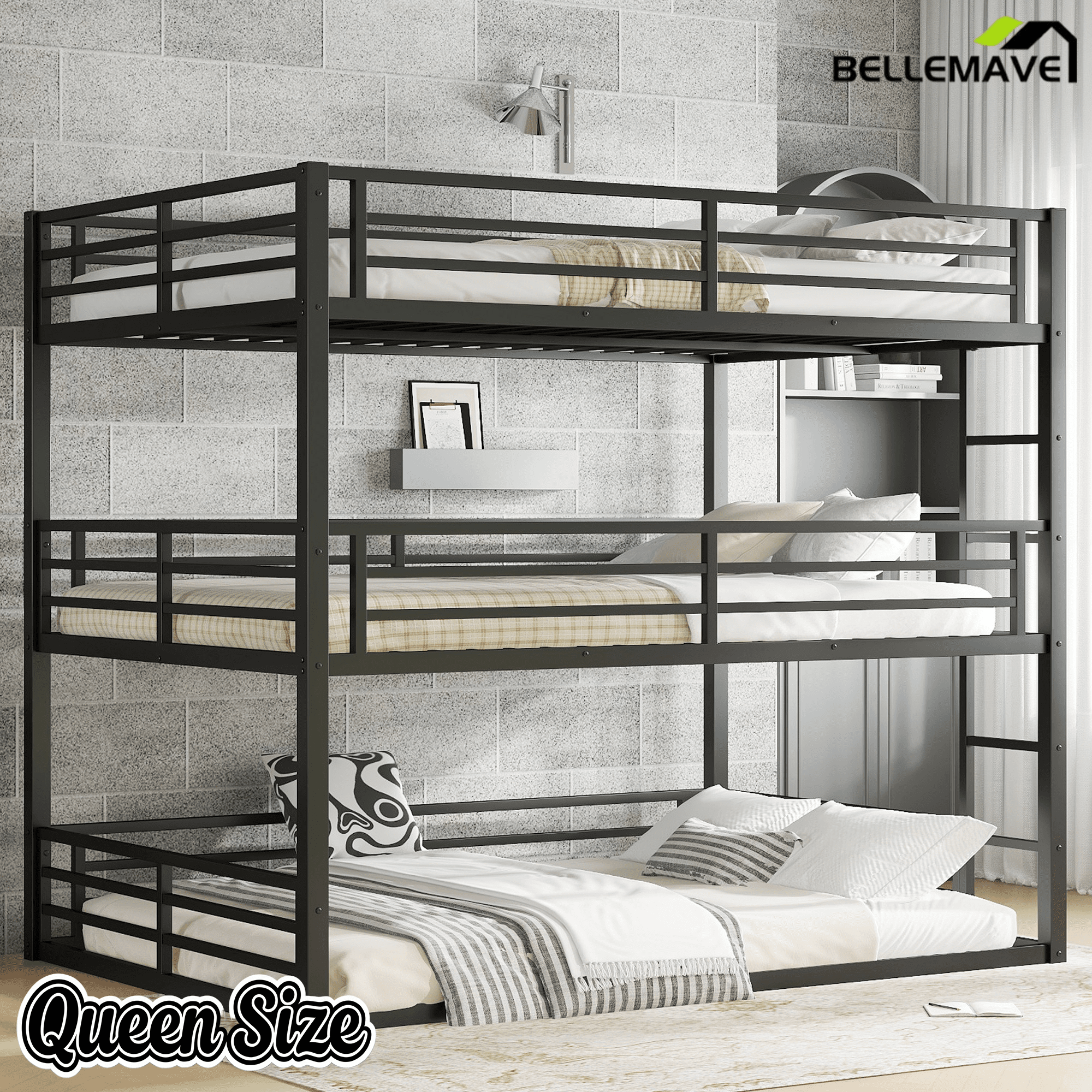 Bellemave® Metal Triple Bunk Bed with Full - Length Guardrails, Twin Over Twin Over Twin Bunk Bed for 3, Noise - Reduced & Multifunctional, Metal Black - Bellemave