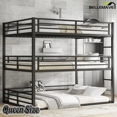 Bellemave® Metal Triple Bunk Bed with Full - Length Guardrails, Twin Over Twin Over Twin Bunk Bed for 3, Noise - Reduced & Multifunctional, Metal Black - Bellemave