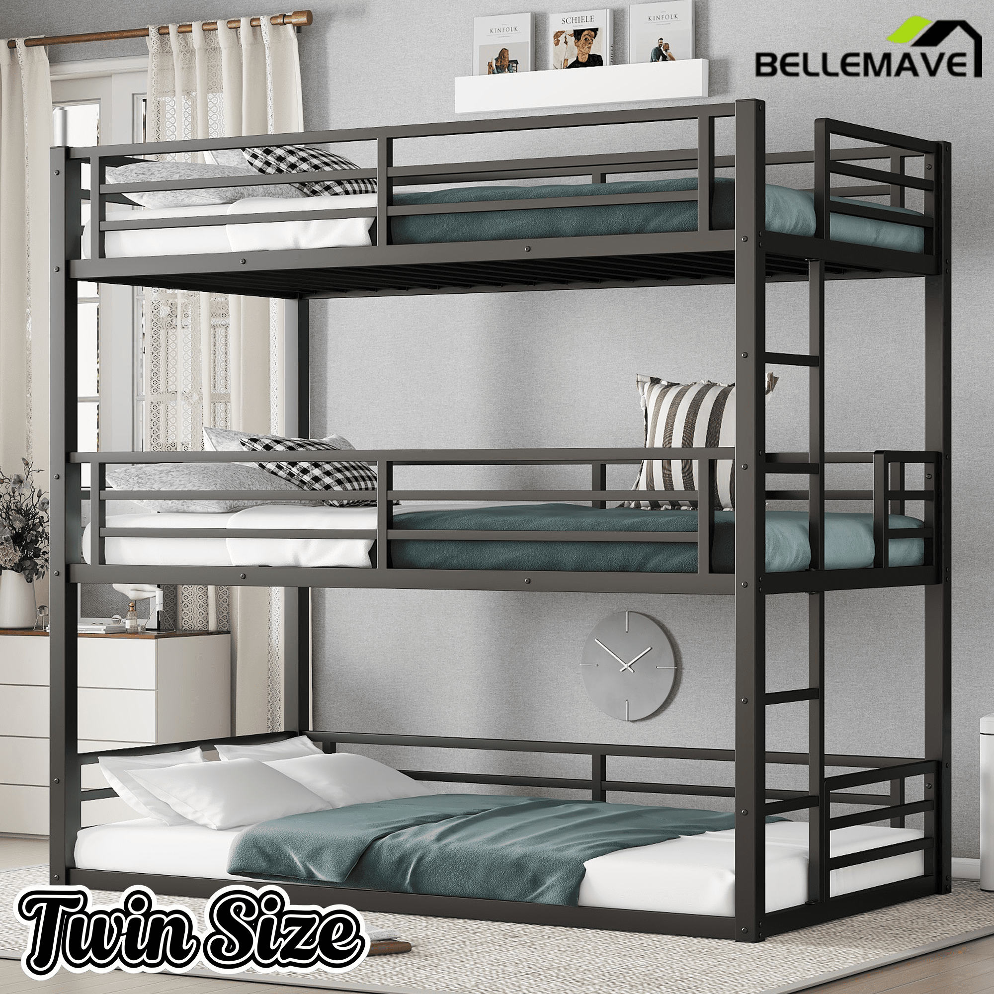 Bellemave® Metal Triple Bunk Bed with Full - Length Guardrails, Twin Over Twin Over Twin Bunk Bed for 3, Noise - Reduced & Multifunctional, Metal Black - Bellemave