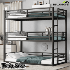 Bellemave® Metal Triple Bunk Bed with Full - Length Guardrails, Twin Over Twin Over Twin Bunk Bed for 3, Noise - Reduced & Multifunctional, Metal Black - Bellemave