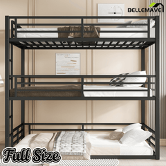 Bellemave® Metal Triple Bunk Bed with Full - Length Guardrails, Twin Over Twin Over Twin Bunk Bed for 3, Noise - Reduced & Multifunctional, Metal Black - Bellemave