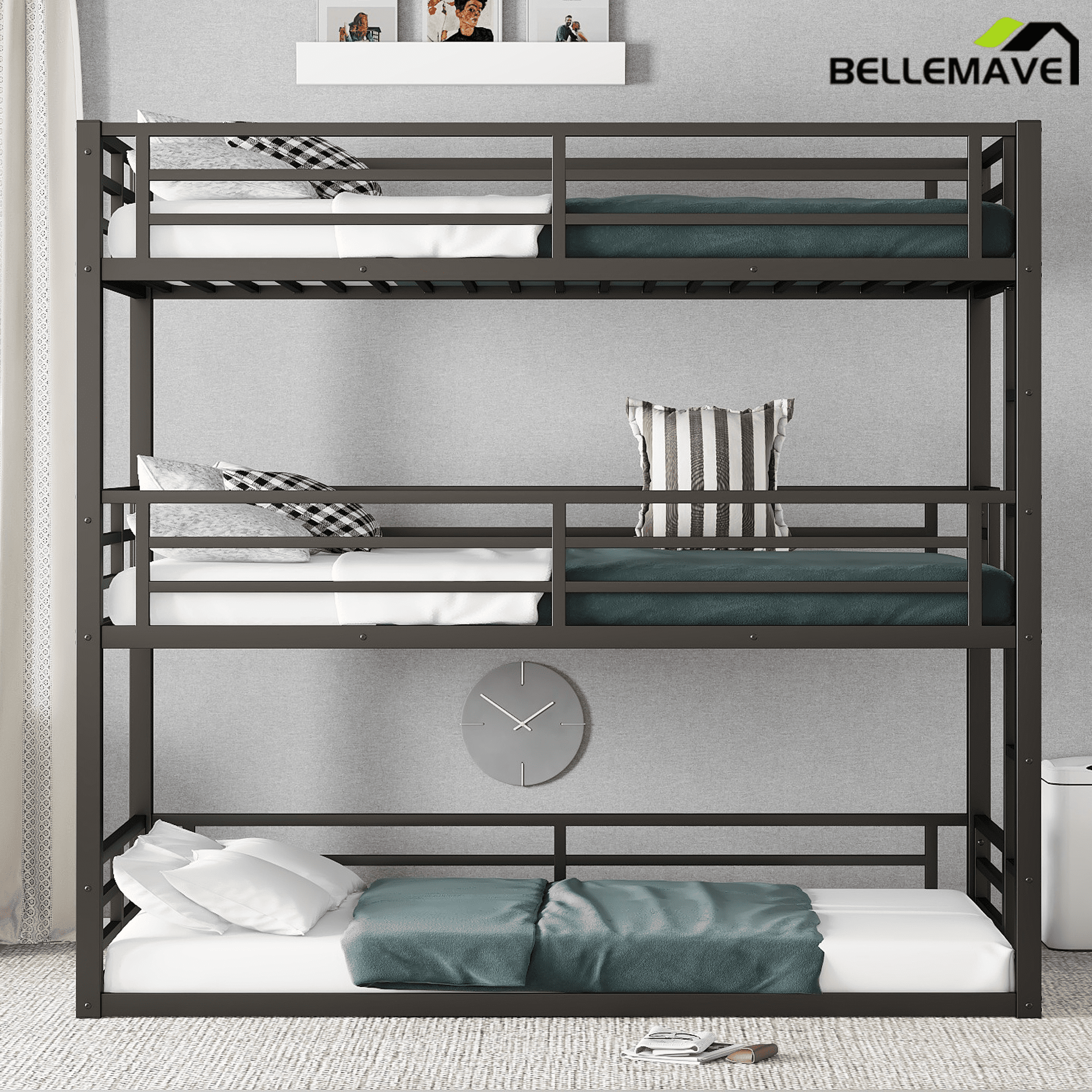 Bellemave® Metal Triple Bunk Bed with Full - Length Guardrails, Twin Over Twin Over Twin Bunk Bed for 3, Noise - Reduced & Multifunctional, Metal Black - Bellemave