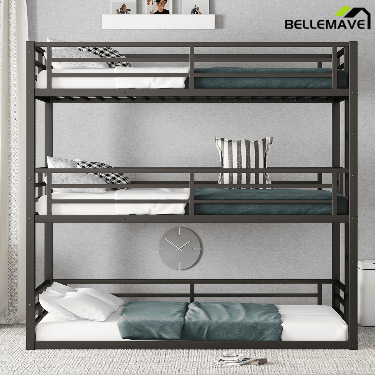 Bellemave® Metal Triple Bunk Bed with Full - Length Guardrails, Twin Over Twin Over Twin Bunk Bed for 3, Noise - Reduced & Multifunctional, Metal Black - Bellemave