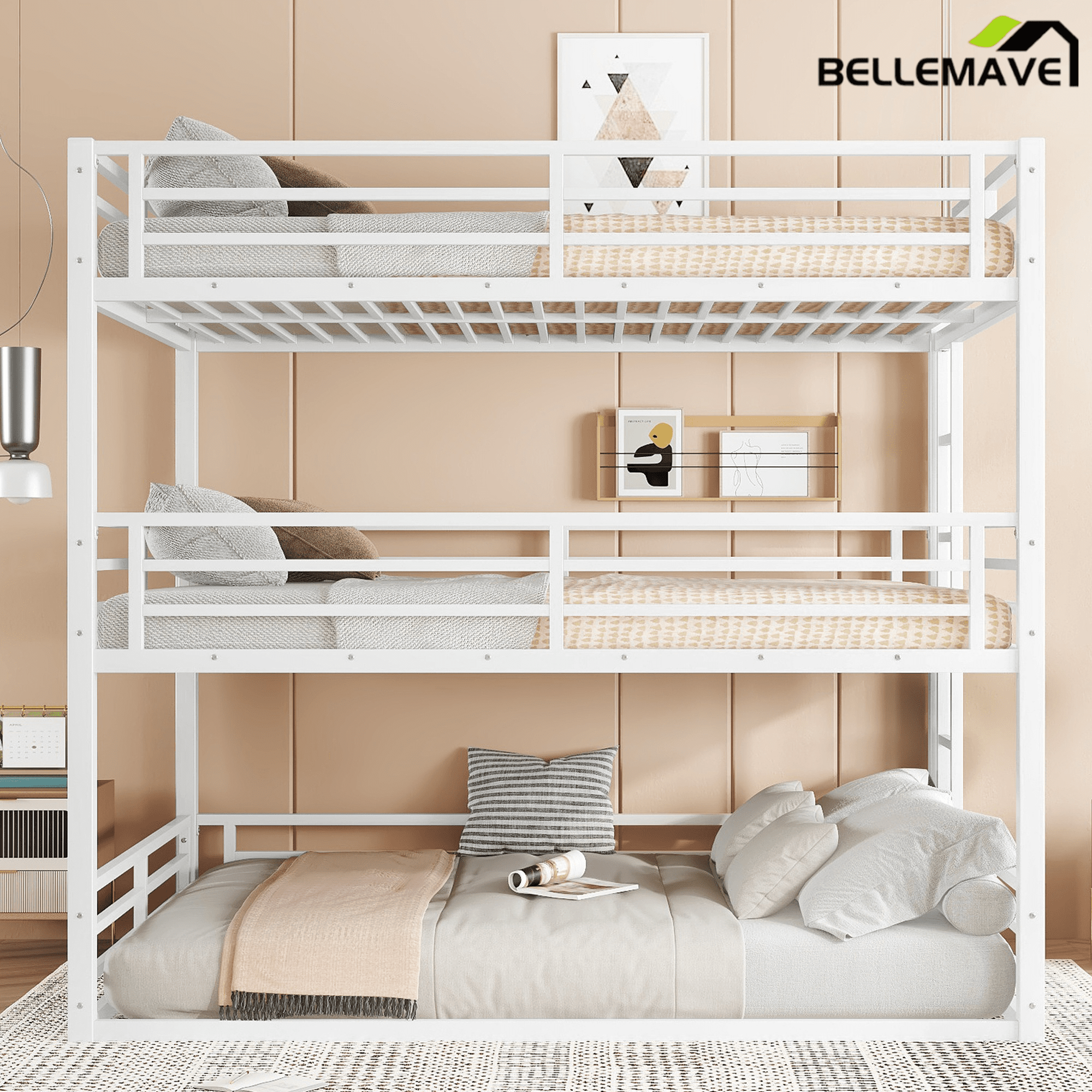Bellemave® Metal Triple Bunk Bed with Full - Length Guardrails, Twin Over Twin Over Twin Bunk Bed for 3, Noise - Reduced & Multifunctional, Metal Black - Bellemave