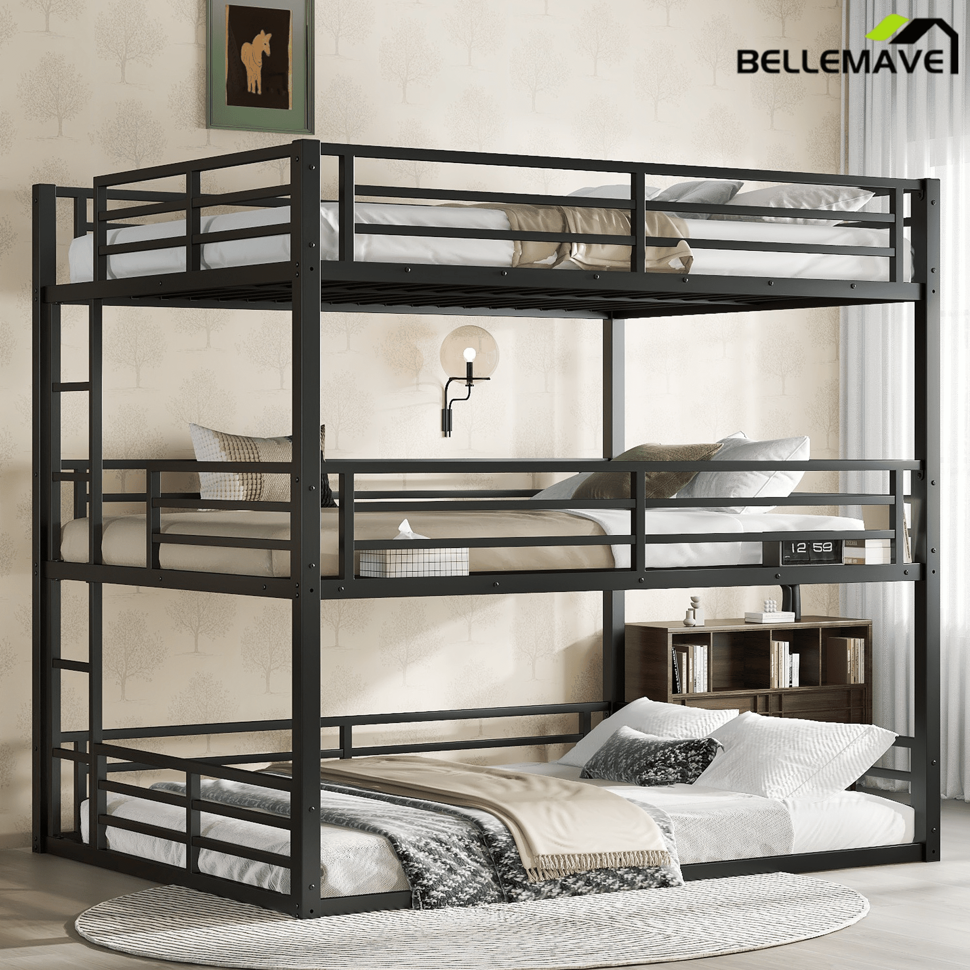 Bellemave® Metal Triple Bunk Bed with Full - Length Guardrails, Twin Over Twin Over Twin Bunk Bed for 3, Noise - Reduced & Multifunctional, Metal Black - Bellemave