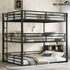 Bellemave® Metal Triple Bunk Bed with Full - Length Guardrails, Twin Over Twin Over Twin Bunk Bed for 3, Noise - Reduced & Multifunctional, Metal Black - Bellemave
