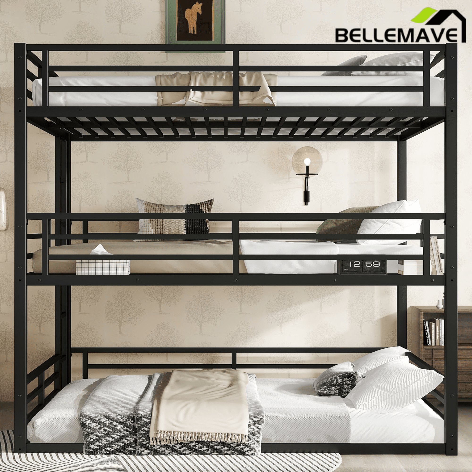 Bellemave® Metal Triple Bunk Bed with Full - Length Guardrails, Twin Over Twin Over Twin Bunk Bed for 3, Noise - Reduced & Multifunctional, Metal Black - Bellemave