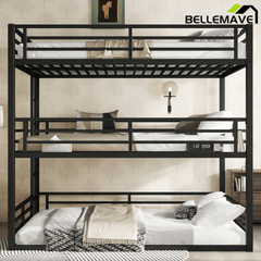 Bellemave® Metal Triple Bunk Bed with Full - Length Guardrails, Twin Over Twin Over Twin Bunk Bed for 3, Noise - Reduced & Multifunctional, Metal Black - Bellemave