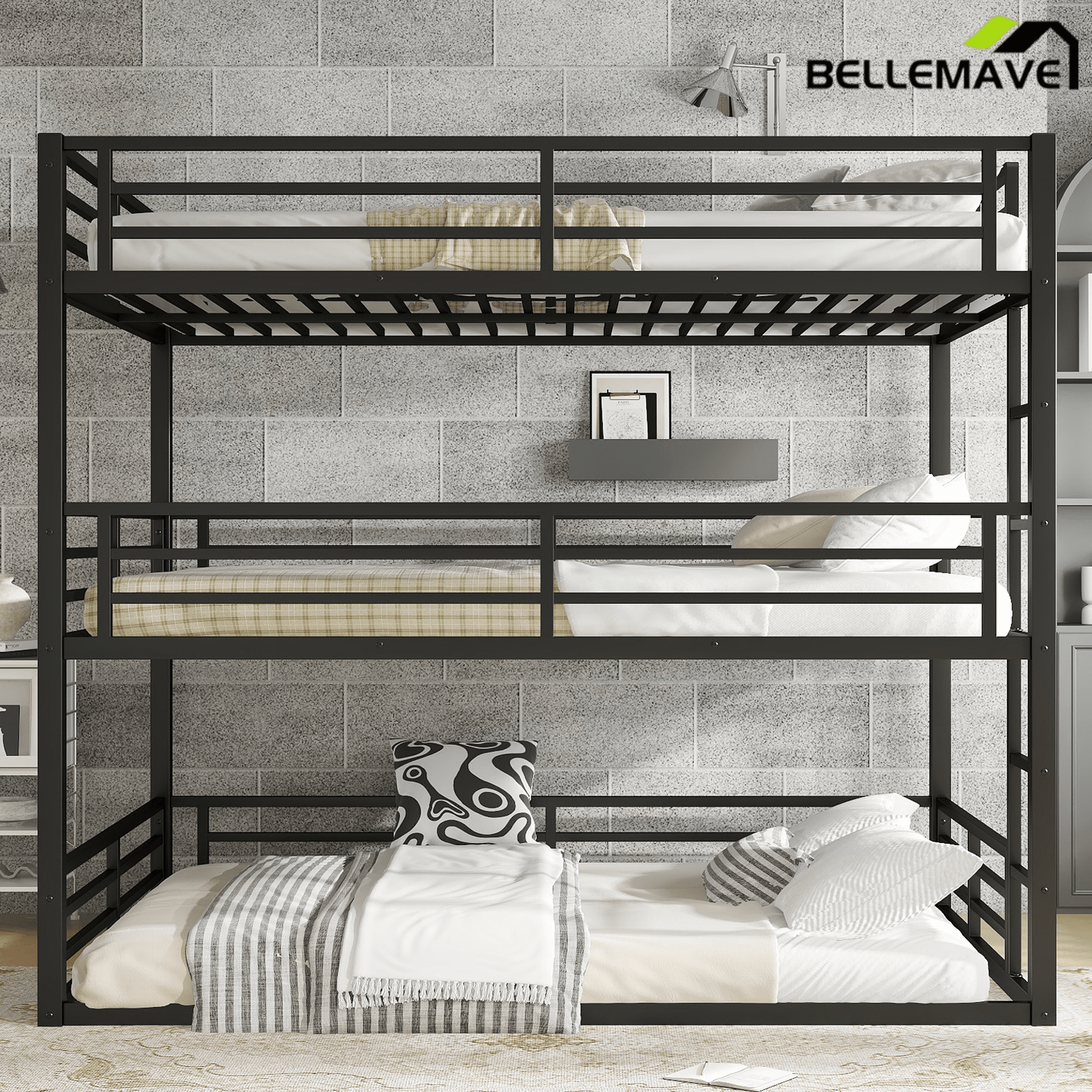 Bellemave® Metal Triple Bunk Bed with Full - Length Guardrails, Twin Over Twin Over Twin Bunk Bed for 3, Noise - Reduced & Multifunctional, Metal Black - Bellemave