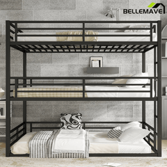 Bellemave® Metal Triple Bunk Bed with Full - Length Guardrails, Twin Over Twin Over Twin Bunk Bed for 3, Noise - Reduced & Multifunctional, Metal Black - Bellemave