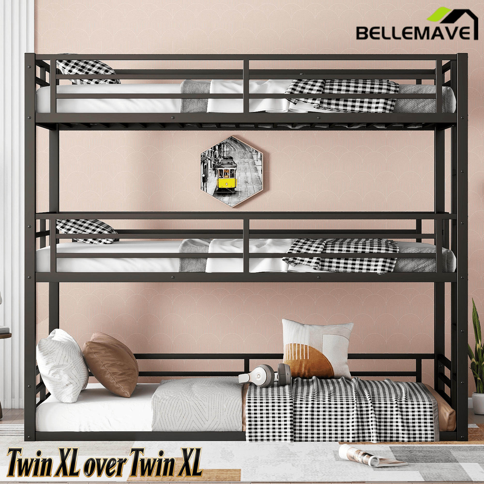 Bellemave® Metal Triple Bunk Bed with Full - Length Guardrails, Twin Over Twin Over Twin Bunk Bed for 3, Noise - Reduced & Multifunctional, Metal Black - Bellemave