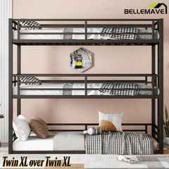 Bellemave® Metal Triple Bunk Bed with Full - Length Guardrails, Twin Over Twin Over Twin Bunk Bed for 3, Noise - Reduced & Multifunctional, Metal Black - Bellemave