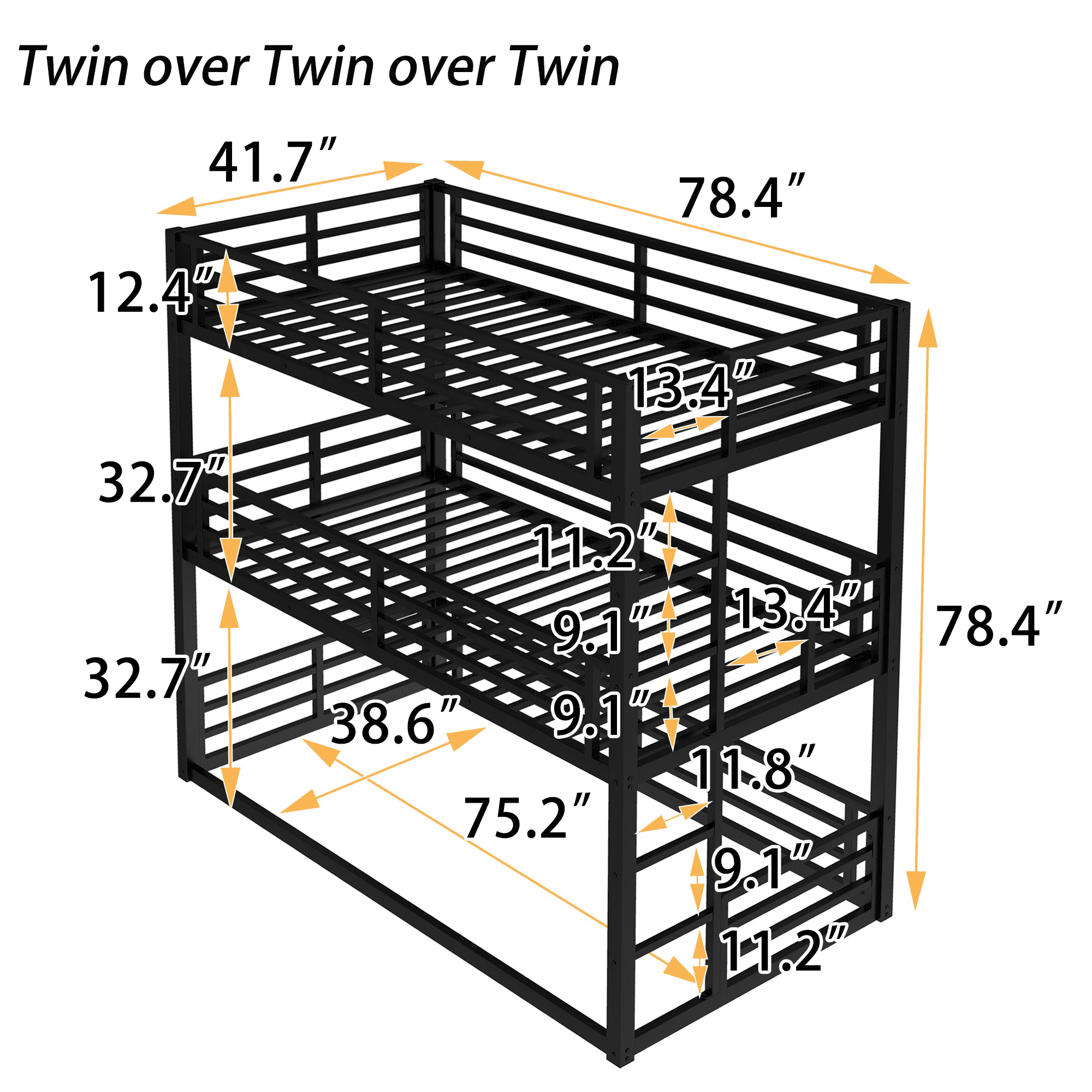 Bellemave® Metal Triple Bunk Bed with Full - Length Guardrails, Twin Over Twin Over Twin Bunk Bed for 3, Noise - Reduced & Multifunctional, Metal Black - Bellemave