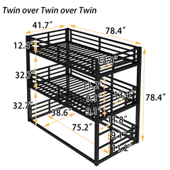 Bellemave® Metal Triple Bunk Bed with Full - Length Guardrails, Twin Over Twin Over Twin Bunk Bed for 3, Noise - Reduced & Multifunctional, Metal Black - Bellemave