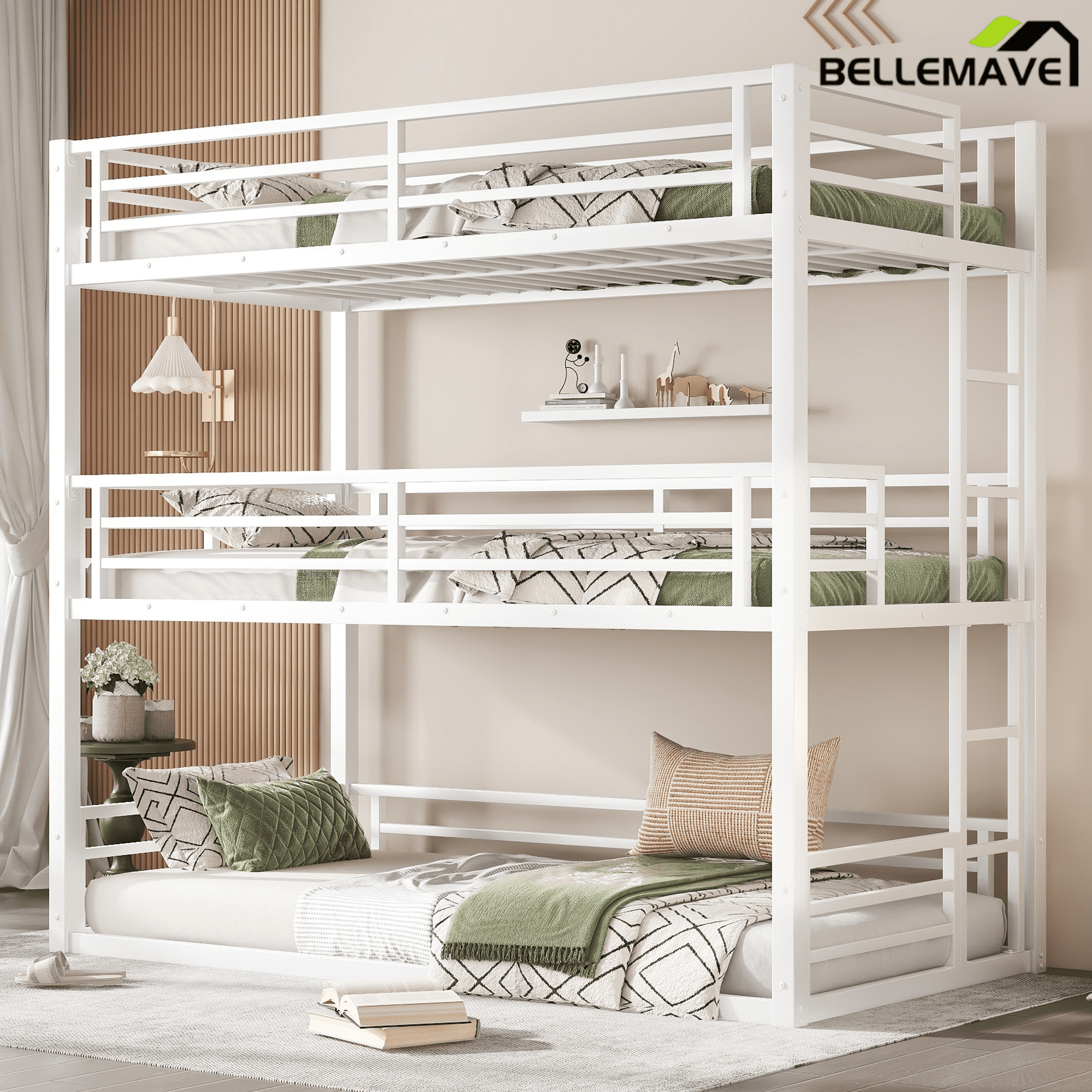 Bellemave® Metal Triple Bunk Bed with Full - Length Guardrails, Twin Over Twin Over Twin Bunk Bed for 3, Noise - Reduced & Multifunctional, Metal Black - Bellemave
