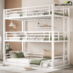 Bellemave® Metal Triple Bunk Bed with Full - Length Guardrails, Twin Over Twin Over Twin Bunk Bed for 3, Noise - Reduced & Multifunctional, Metal Black - Bellemave