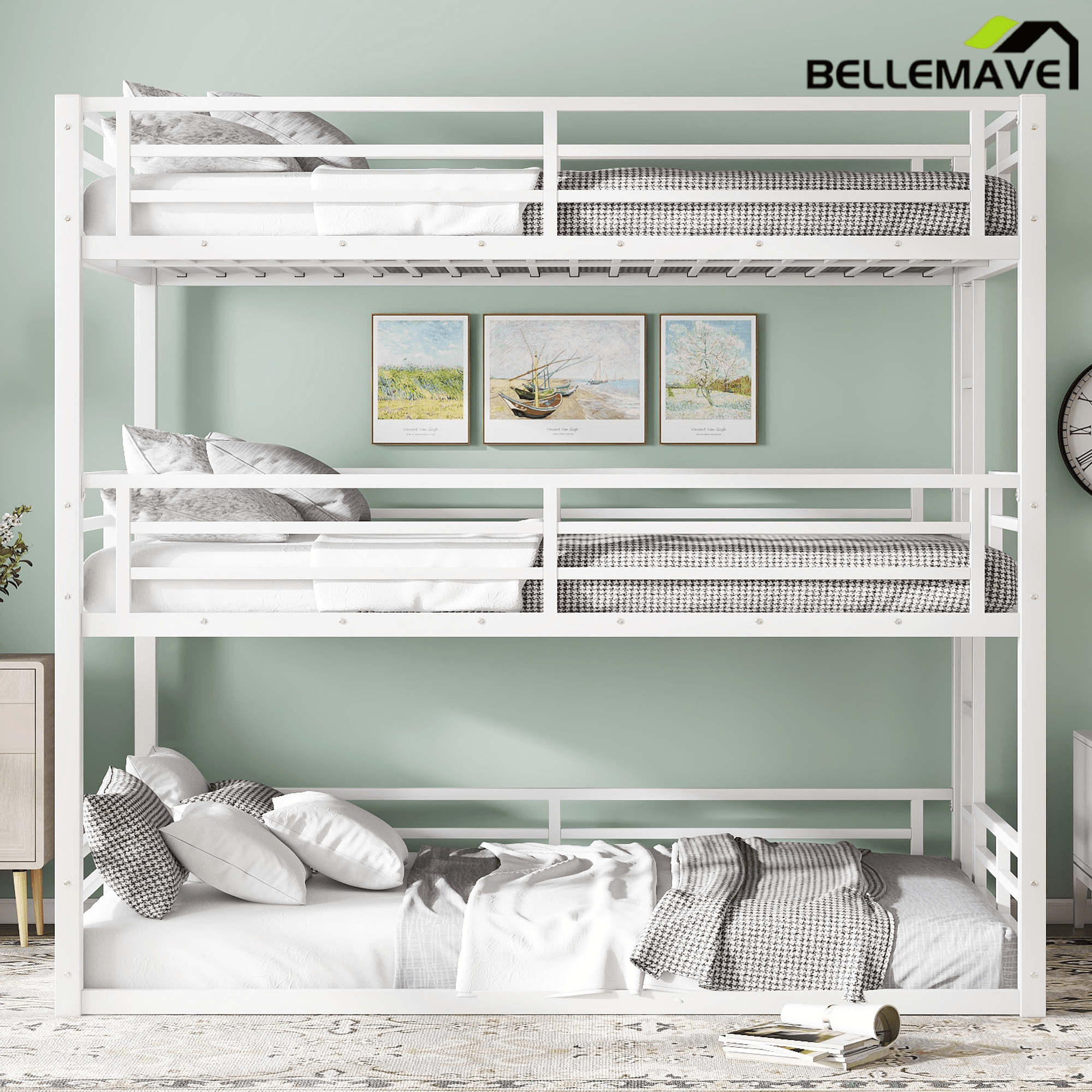 Bellemave® Metal Triple Bunk Bed with Full - Length Guardrails, Twin Over Twin Over Twin Bunk Bed for 3, Noise - Reduced & Multifunctional, Metal Black - Bellemave