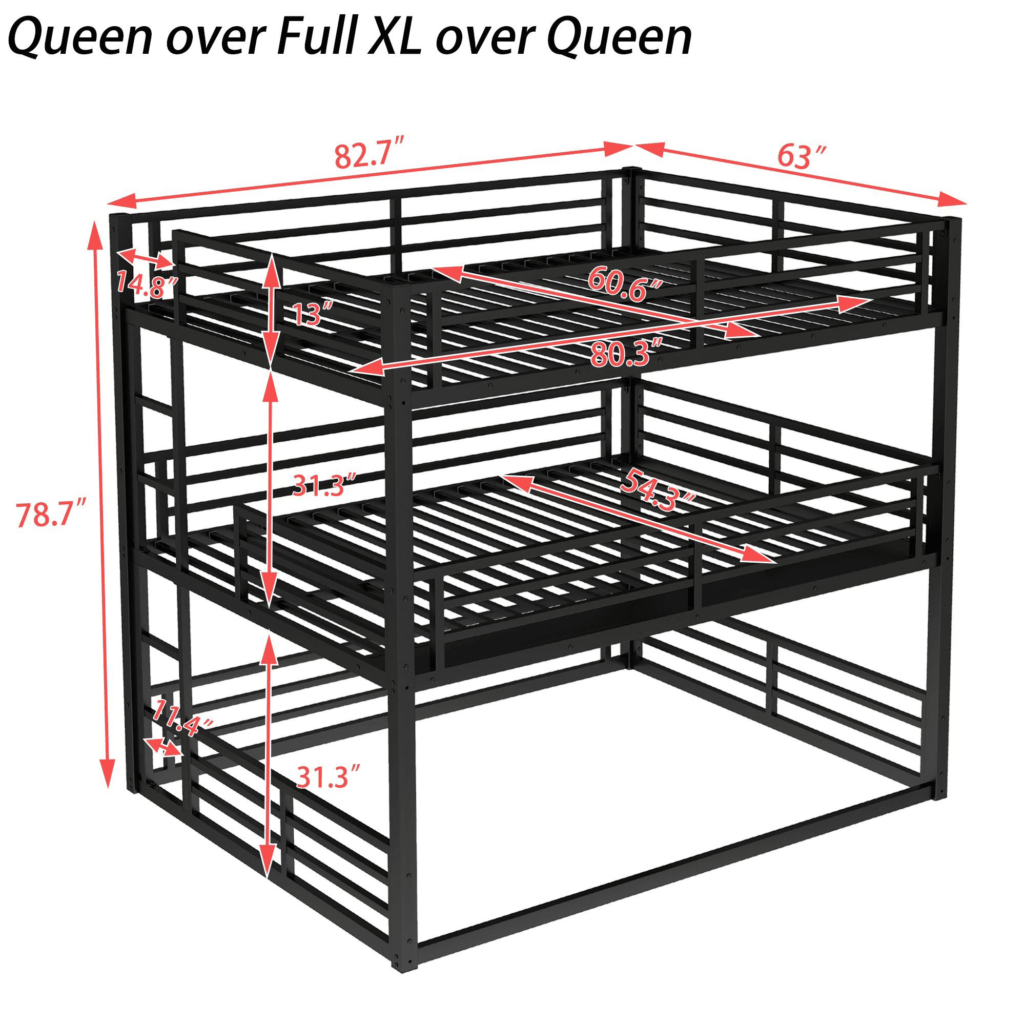 Bellemave® Metal Triple Bunk Bed with Full - Length Guardrails, Twin Over Twin Over Twin Bunk Bed for 3, Noise - Reduced & Multifunctional, Metal Black - Bellemave