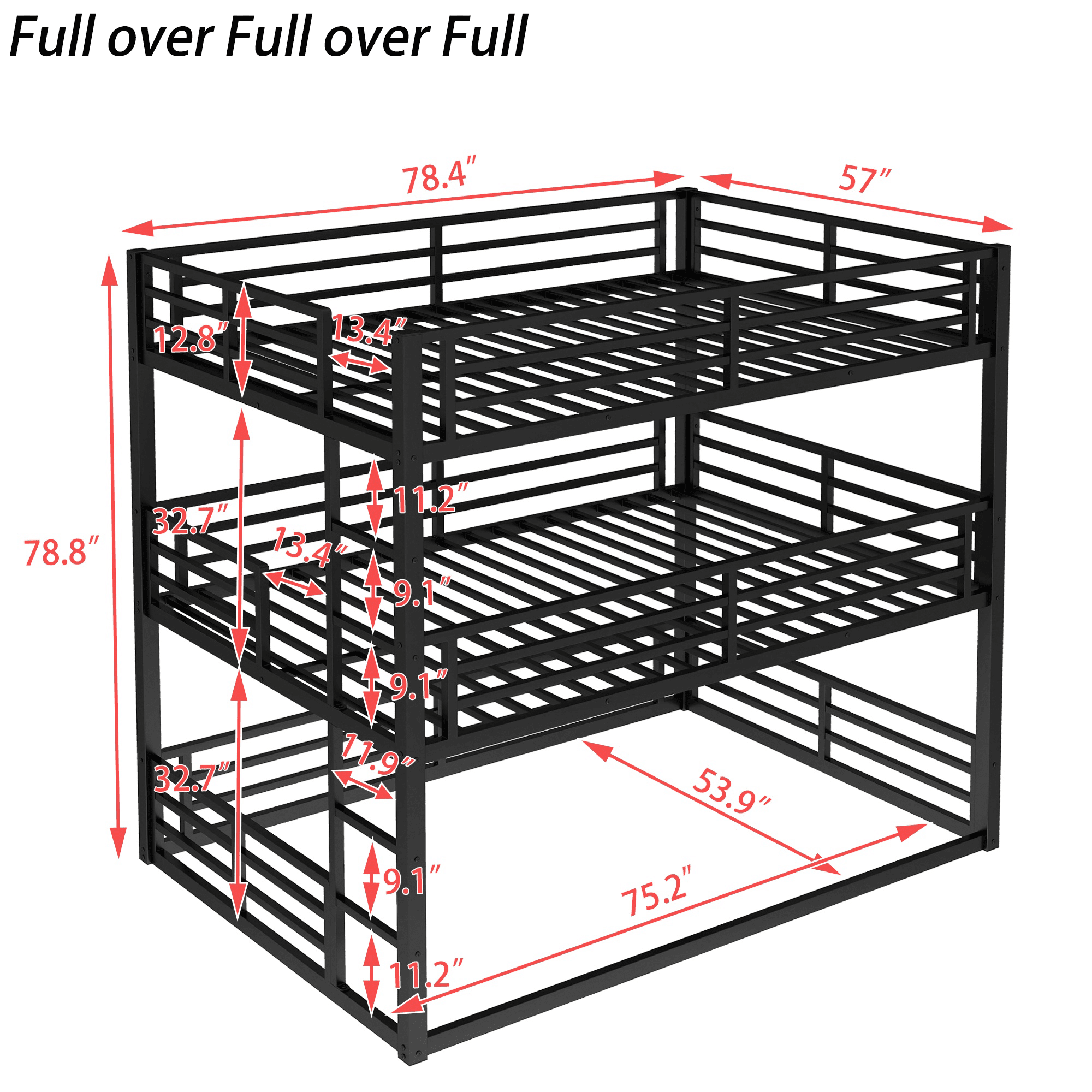 Bellemave® Metal Triple Bunk Bed with Full - Length Guardrails, Twin Over Twin Over Twin Bunk Bed for 3, Noise - Reduced & Multifunctional, Metal Black - Bellemave