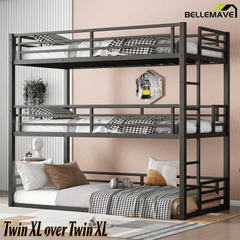 Bellemave® Metal Triple Bunk Bed with Full - Length Guardrails, Twin Over Twin Over Twin Bunk Bed for 3, Noise - Reduced & Multifunctional, Metal Black - Bellemave