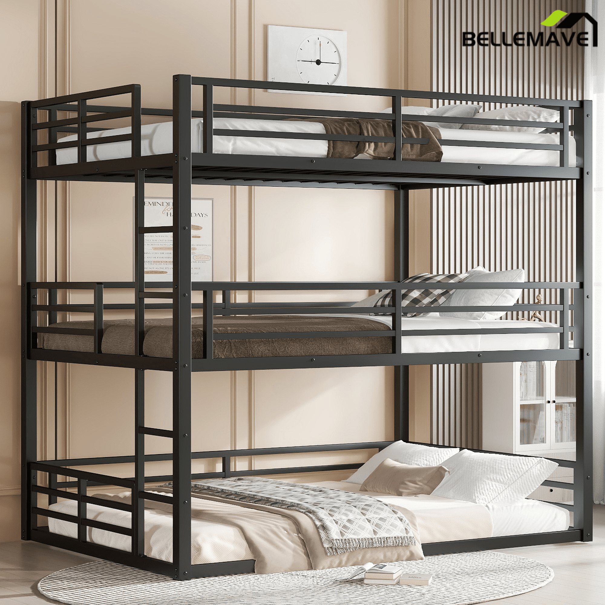 Bellemave® Metal Triple Bunk Bed with Full - Length Guardrails, Twin Over Twin Over Twin Bunk Bed for 3, Noise - Reduced & Multifunctional, Metal Black - Bellemave