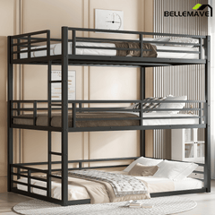 Bellemave® Metal Triple Bunk Bed with Full - Length Guardrails, Twin Over Twin Over Twin Bunk Bed for 3, Noise - Reduced & Multifunctional, Metal Black - Bellemave