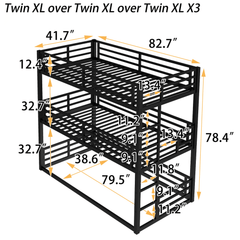 Bellemave® Metal Triple Bunk Bed with Full - Length Guardrails, Twin Over Twin Over Twin Bunk Bed for 3, Noise - Reduced & Multifunctional, Metal Black - Bellemave