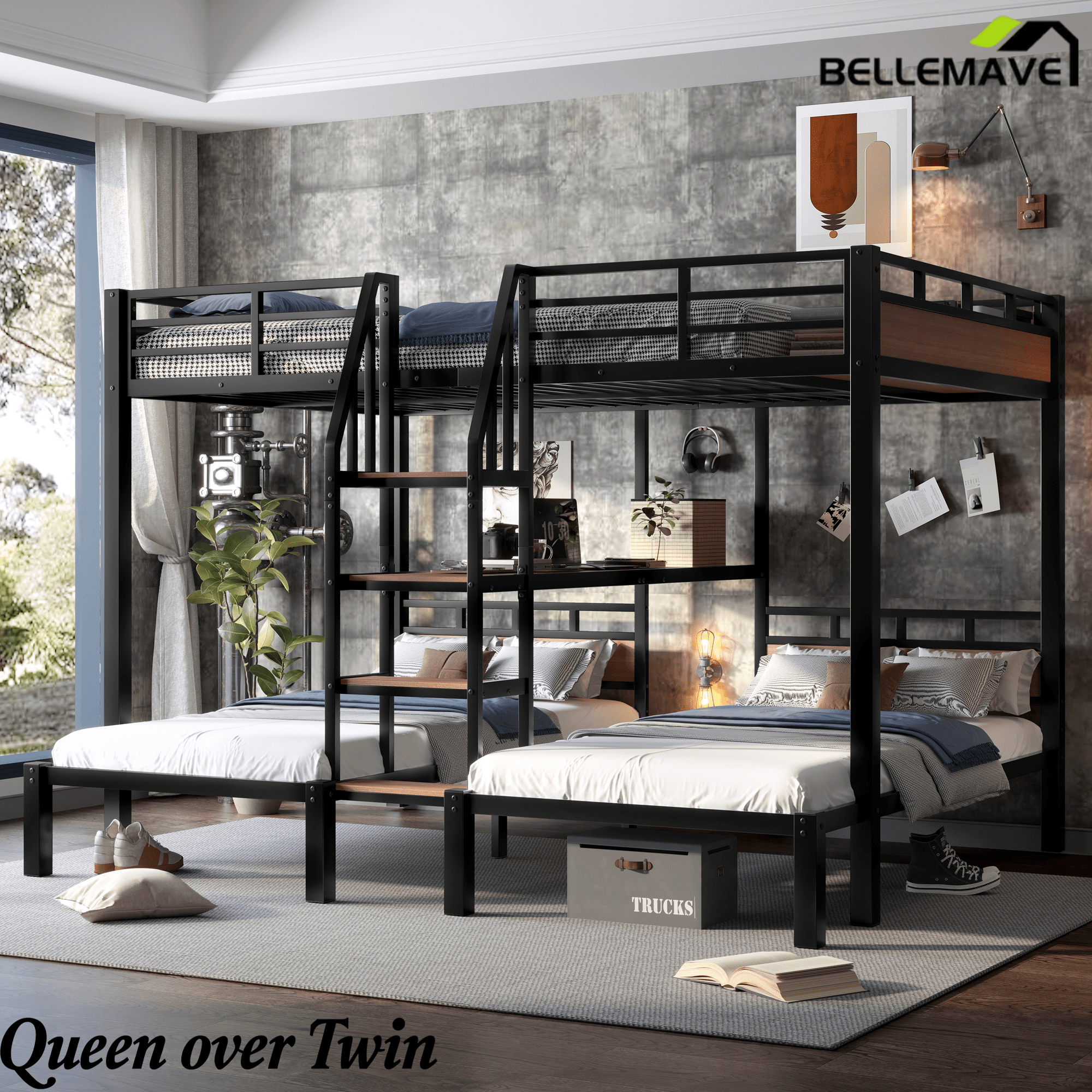 Bellemave® Metal Triple Bunk Bed with Shelf, Storage Stairs & Safety Guardrails, Black - Bellemave