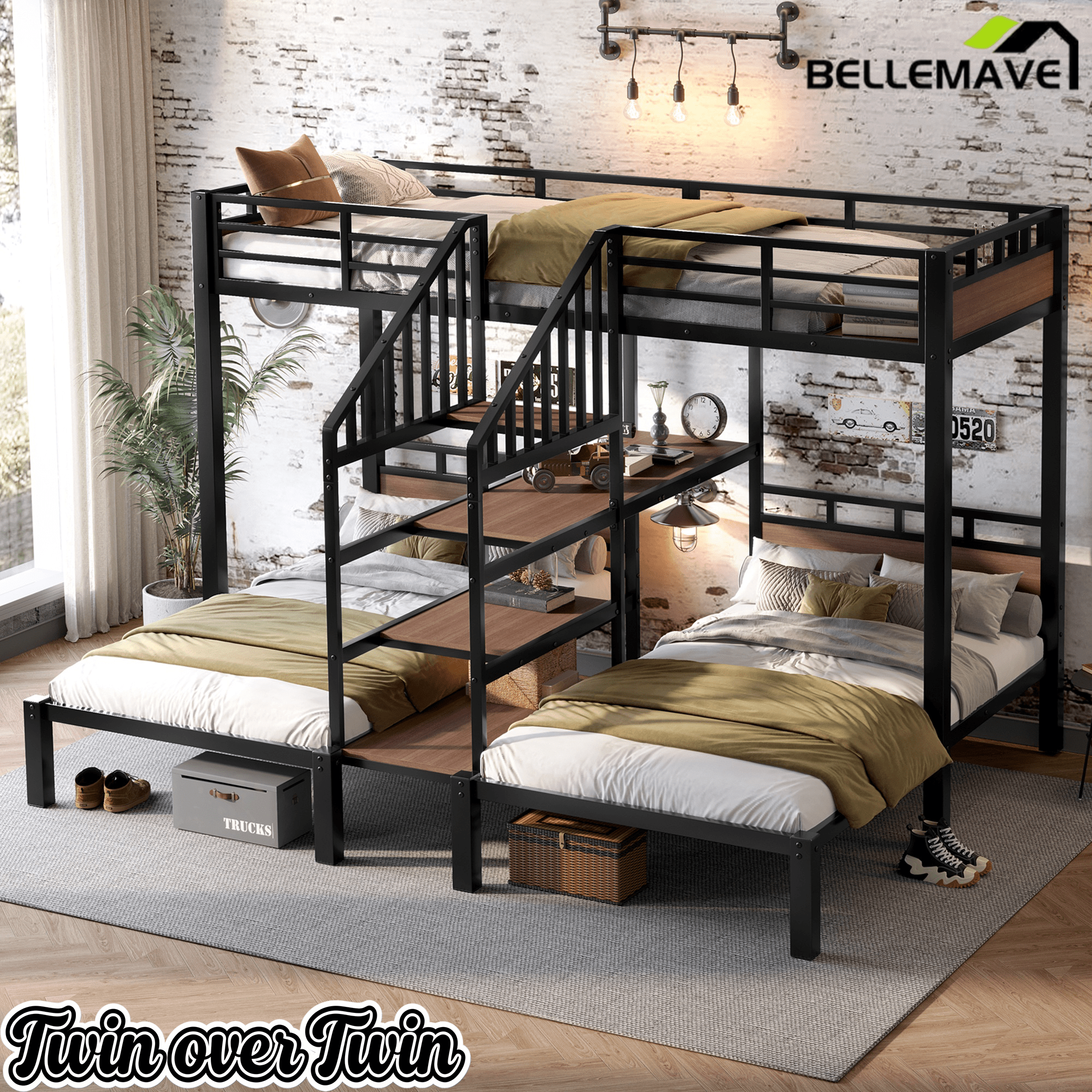 Bellemave® Metal Triple Bunk Bed with Shelf, Storage Stairs & Safety Guardrails, Black - Bellemave
