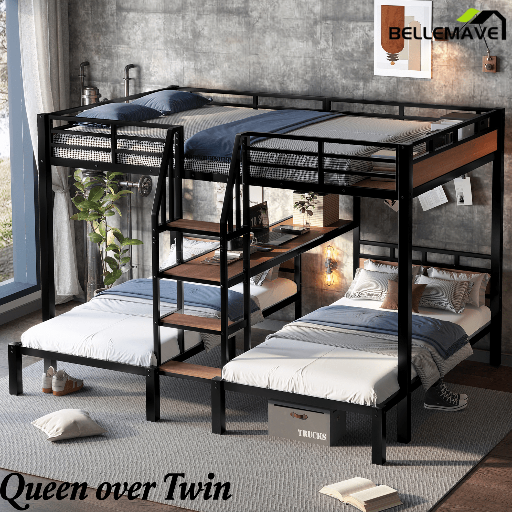 Bellemave® Metal Triple Bunk Bed with Shelf, Storage Stairs & Safety Guardrails, Black - Bellemave