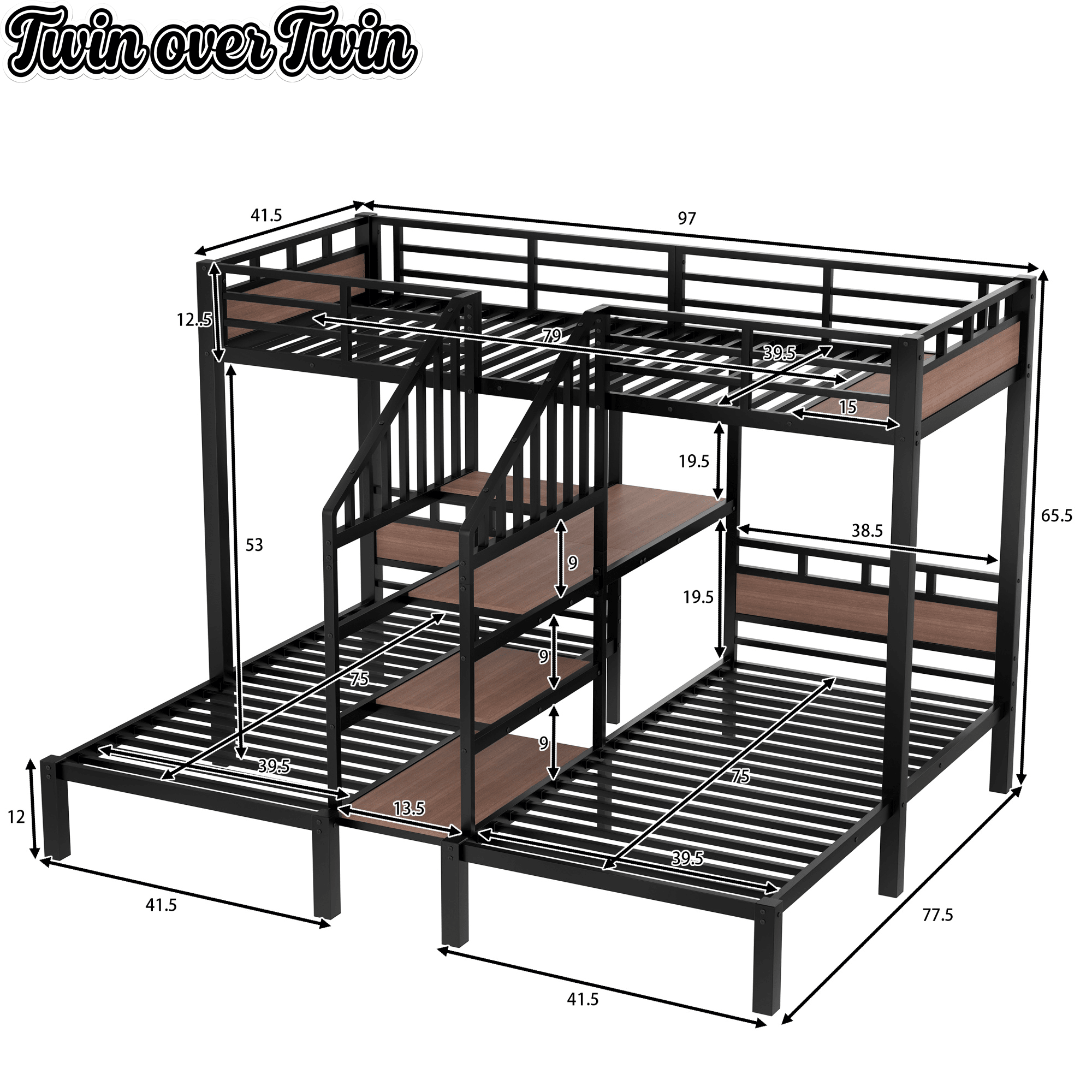 Bellemave® Metal Triple Bunk Bed with Shelf, Storage Stairs & Safety Guardrails, Black - Bellemave
