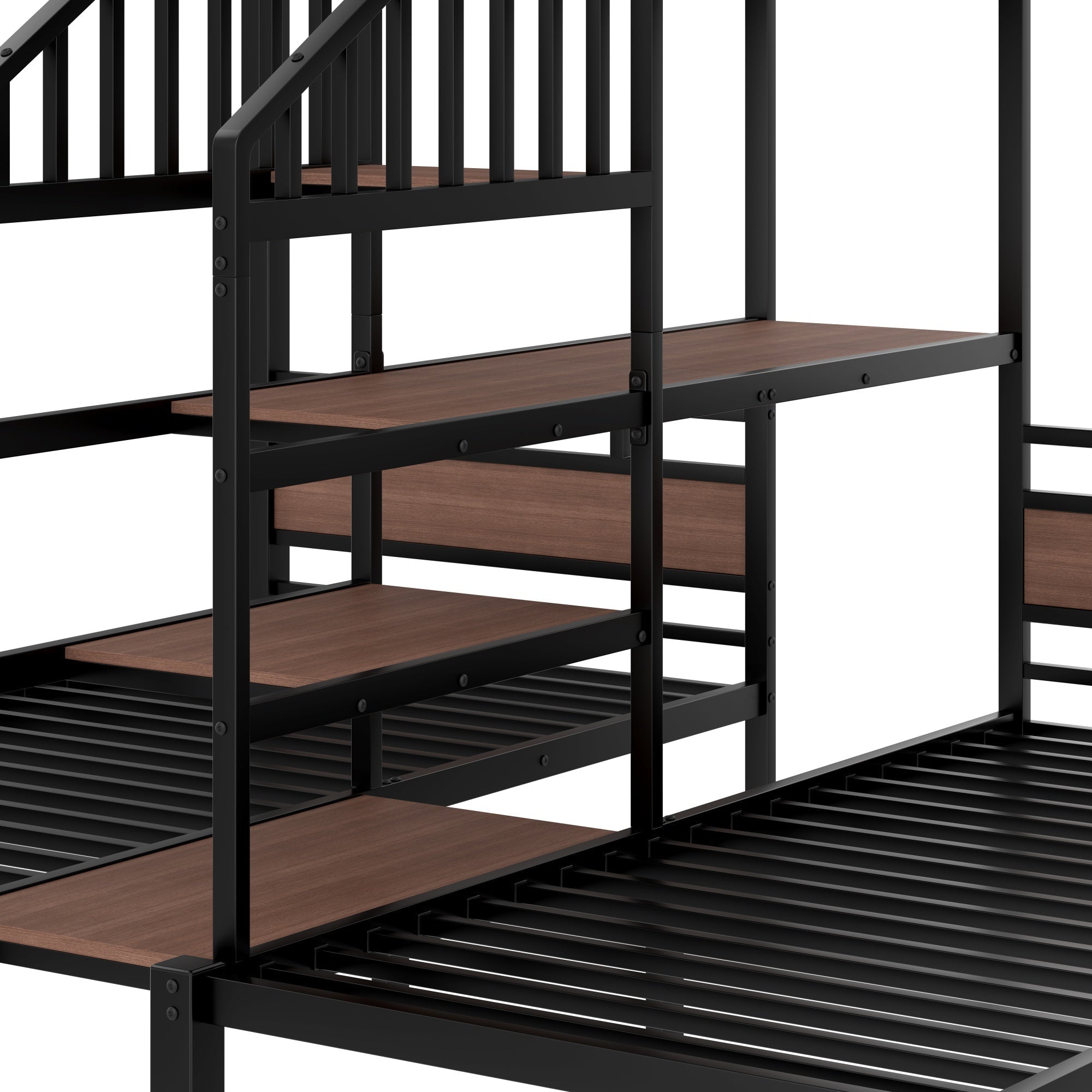 Bellemave® Metal Triple Bunk Bed with Shelf, Storage Stairs & Safety Guardrails, Black - Bellemave
