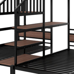 Bellemave® Metal Triple Bunk Bed with Shelf, Storage Stairs & Safety Guardrails, Black - Bellemave