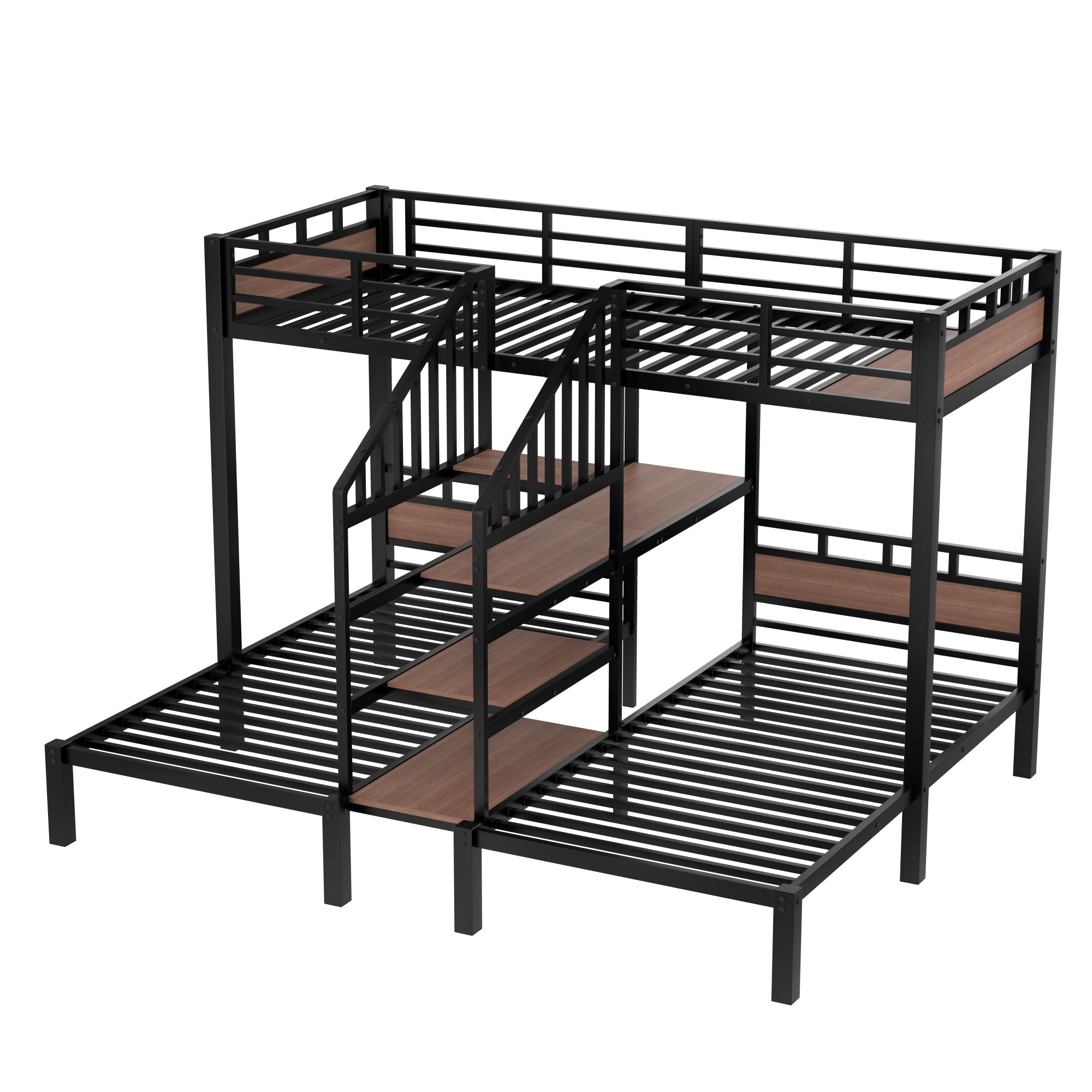 Bellemave® Metal Triple Bunk Bed with Shelf, Storage Stairs & Safety Guardrails, Black - Bellemave