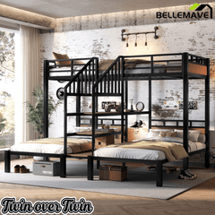 Bellemave® Metal Triple Bunk Bed with Shelf, Storage Stairs & Safety Guardrails, Black - Bellemave