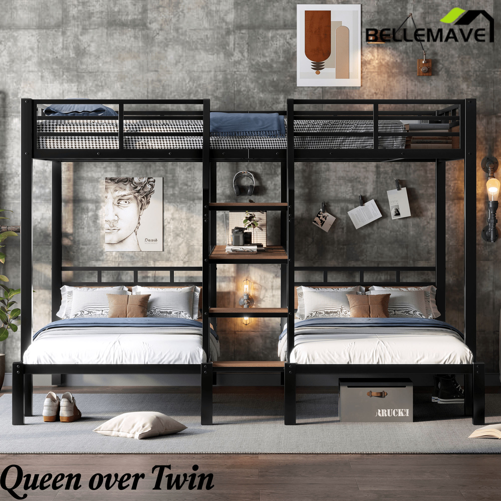 Bellemave® Metal Triple Bunk Bed with Shelf, Storage Stairs & Safety Guardrails, Black - Bellemave
