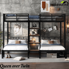 Bellemave® Metal Triple Bunk Bed with Shelf, Storage Stairs & Safety Guardrails, Black - Bellemave