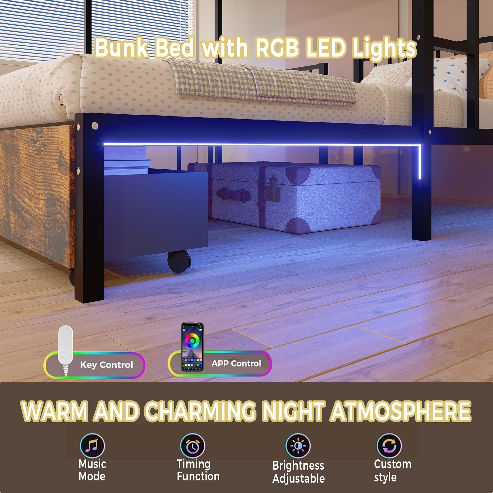 Bellemave® Metal Triple Bunk Bed with Storage Drawers & Ladder, Detachable Twin Bunk Beds with LED Lights & Charging Station, No Box Spring Needed - Bellemave