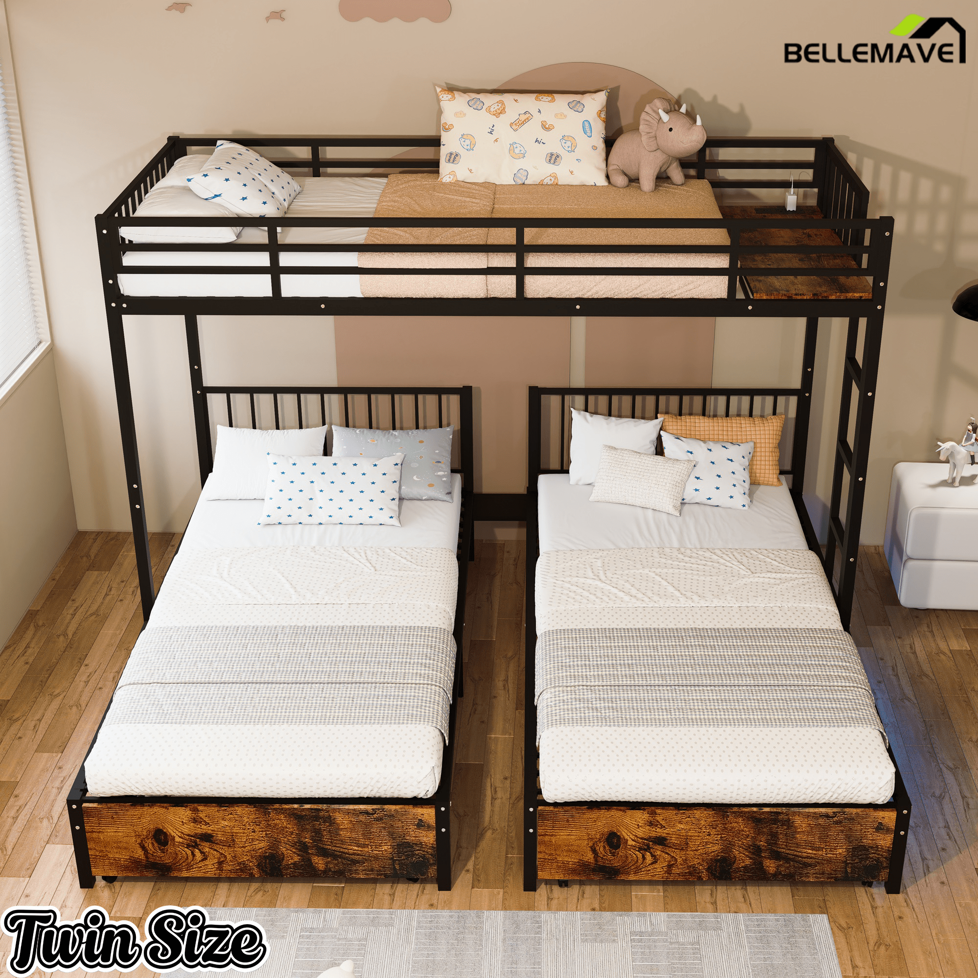 Bellemave® Metal Triple Bunk Bed with Storage Drawers & Ladder, Detachable Twin Bunk Beds with LED Lights & Charging Station, No Box Spring Needed - Bellemave