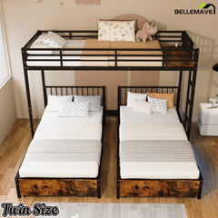 Bellemave® Metal Triple Bunk Bed with Storage Drawers & Ladder, Detachable Twin Bunk Beds with LED Lights & Charging Station, No Box Spring Needed - Bellemave