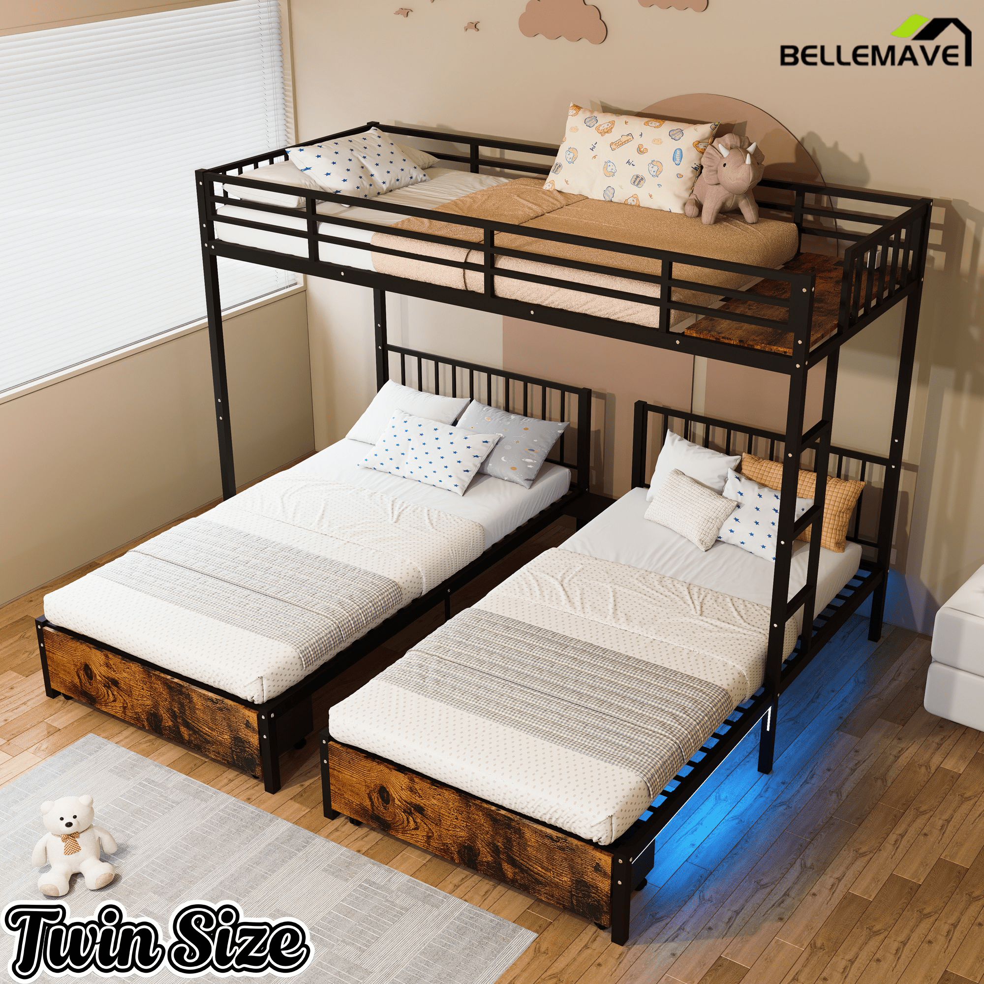 Bellemave® Metal Triple Bunk Bed with Storage Drawers & Ladder, Detachable Twin Bunk Beds with LED Lights & Charging Station, No Box Spring Needed - Bellemave