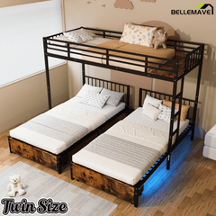Bellemave® Metal Triple Bunk Bed with Storage Drawers & Ladder, Detachable Twin Bunk Beds with LED Lights & Charging Station, No Box Spring Needed - Bellemave