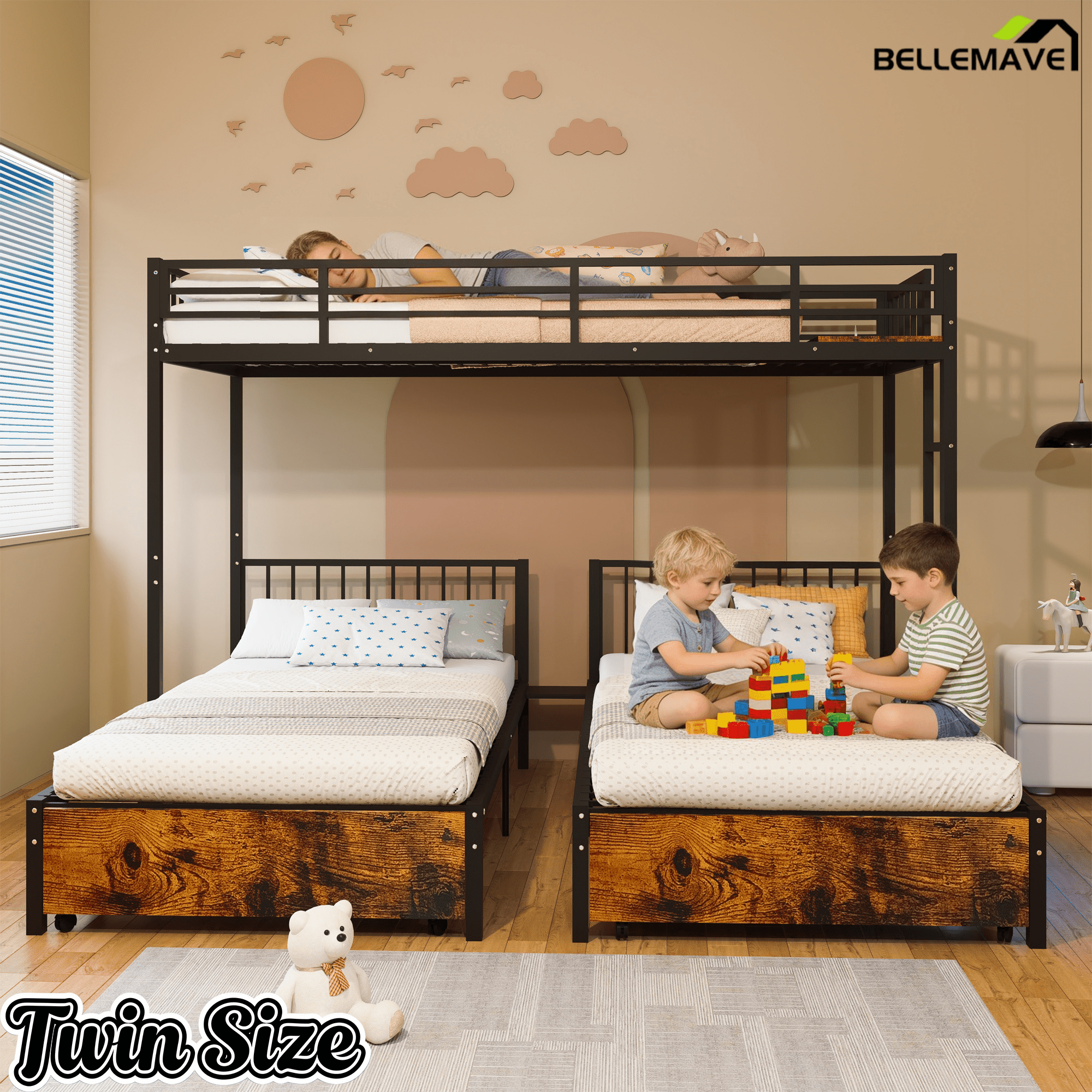 Bellemave® Metal Triple Bunk Bed with Storage Drawers & Ladder, Detachable Twin Bunk Beds with LED Lights & Charging Station, No Box Spring Needed - Bellemave